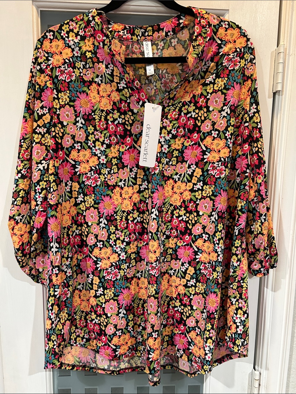 Dear Scarlett Floral V-Neck Tunic in Black with Pink & Orange Blooms